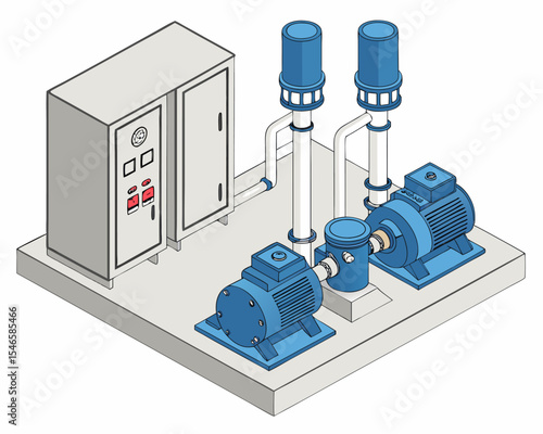 Industrial water pump room in isometric style, with blue electric pumps and tools representing maintenance service and fluid system operations.