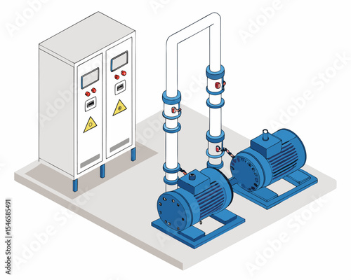 Isometric cartoon vector of an industrial water pump system room, featuring high-pressure blue electric pumps and maintenance service concept, isolated on white.