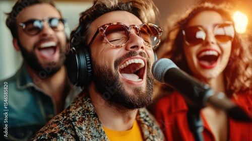 Joyful singers entertain with vibrant energy in a studio, showcasing passion for music and togetherness in an electrifying atmosphere filled with excitement and creativity.
