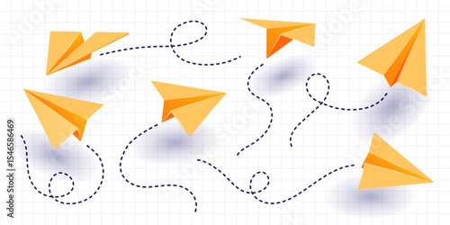 Set of various realistic yellow paper planes. Collection of flying folded origami airplanes in different angles with dotted route lines. Isolated elements for banner, poster etc.
