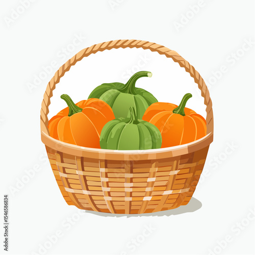 Autumn Harvest Bounty: A vibrant basket overflows with a colorful assortment of pumpkins, perfect for a fall harvest celebration, symbolizing abundance, and the changing seasons.
