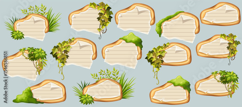 Wooden signboards with old paper, stems ivy, liana, grapes, vine, swamp moss, forest lichen. Set isolated wooden elements with blank, with school page in line, ragged graph paper. 