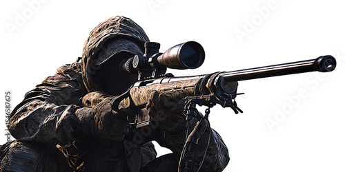 Camouflaged soldier aiming sniper rifle with optical scope in outdoor environment Concept of military, war, combat, and precision shooting