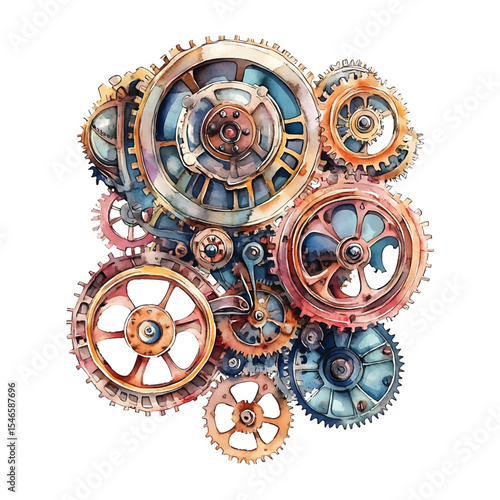 Watercolor painting style steampunk gears mechanism illustration on transparent background