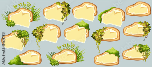 Wooden signboards with old paper, stems ivy, liana, grapes, vine, swamp moss, forest lichen. Set blank invitations, maps, jungle plants. 3d elements for messages, banners, notebooks, mobile games.