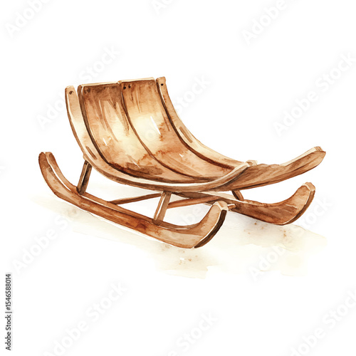 Watercolor illustration of antique wooden sleigh on transparent background
