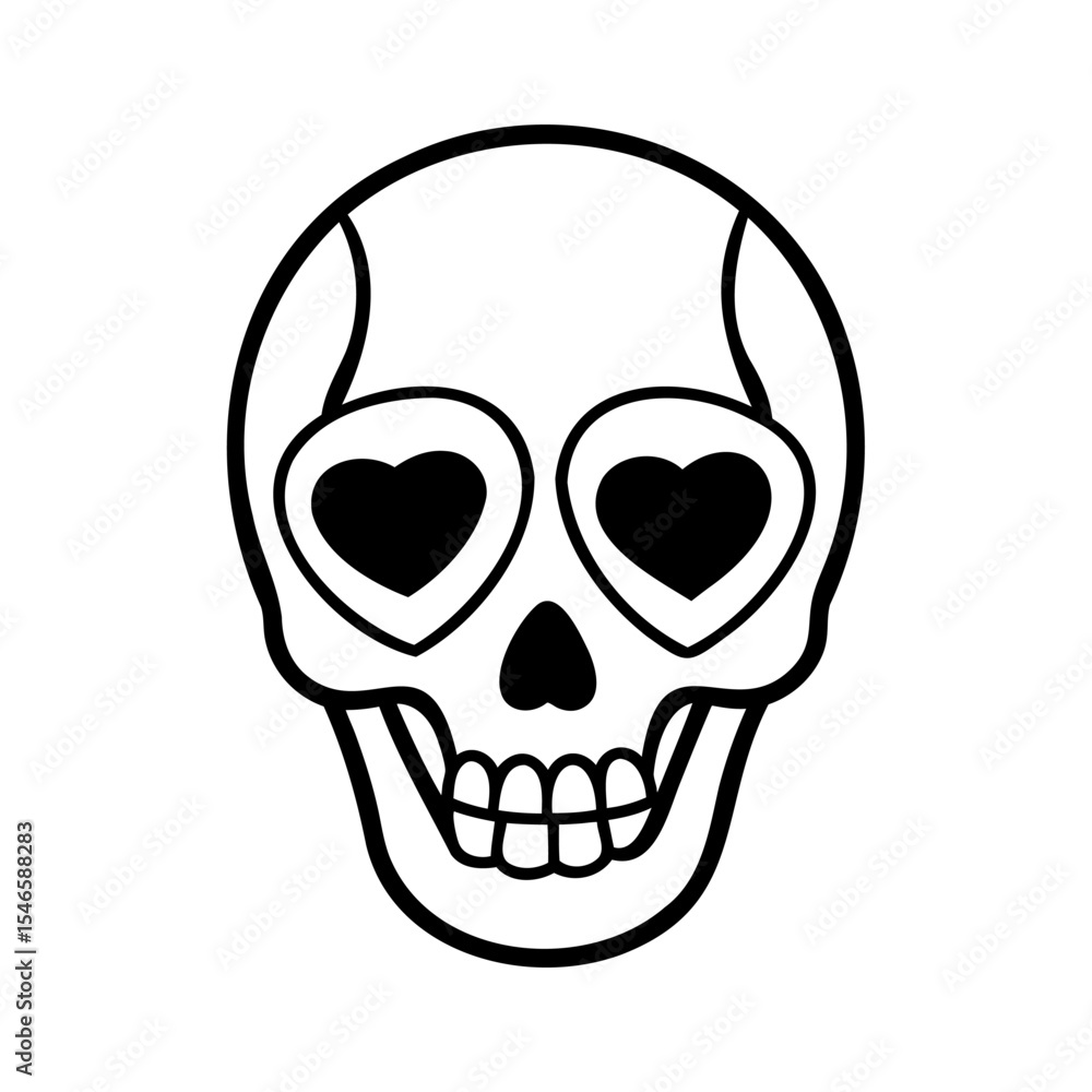 Black Outline Skull with Heart Shaped Eyes Illustration Black Outline Skull with Heart Shaped Eyes Illustration