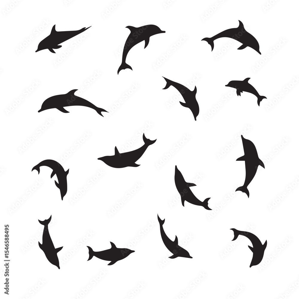 Silhouettes of dolphins isolated on white background in various poses Silhouettes of dolphins isolated on white background in various poses