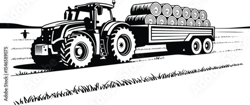 Modern tractor with trailer in field silhouette showing hay bales and scarecrow