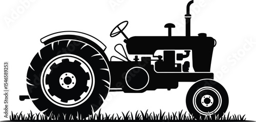 Old farm tractor silhouette on open field in minimalist vintage vector style