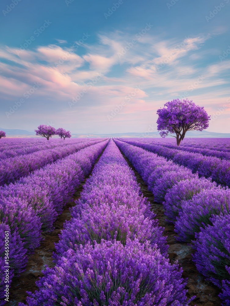 Obraz premium Purple lavender field under a clear sky, 4K