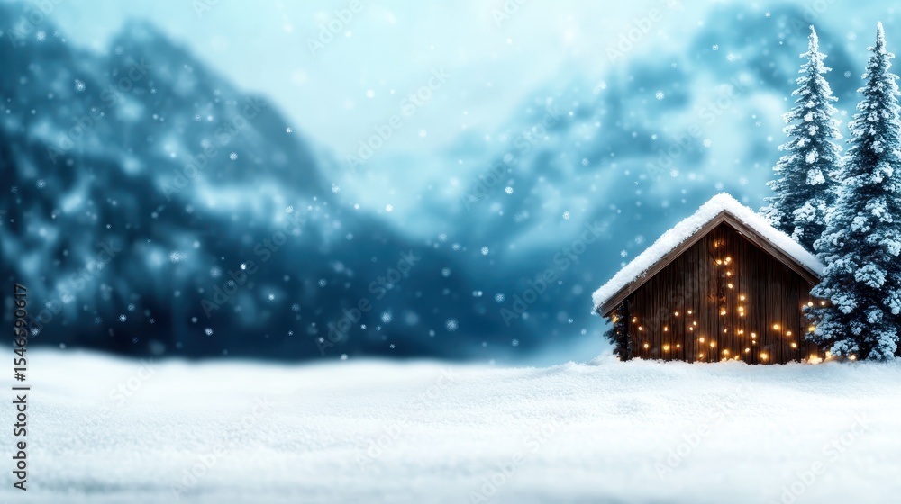 Naklejka premium A picturesque winter scene showcasing a cozy cabin adorned with glowing lights, nestled amidst snow-covered trees and majestic mountains, evoking feelings of warmth and nostalgia.