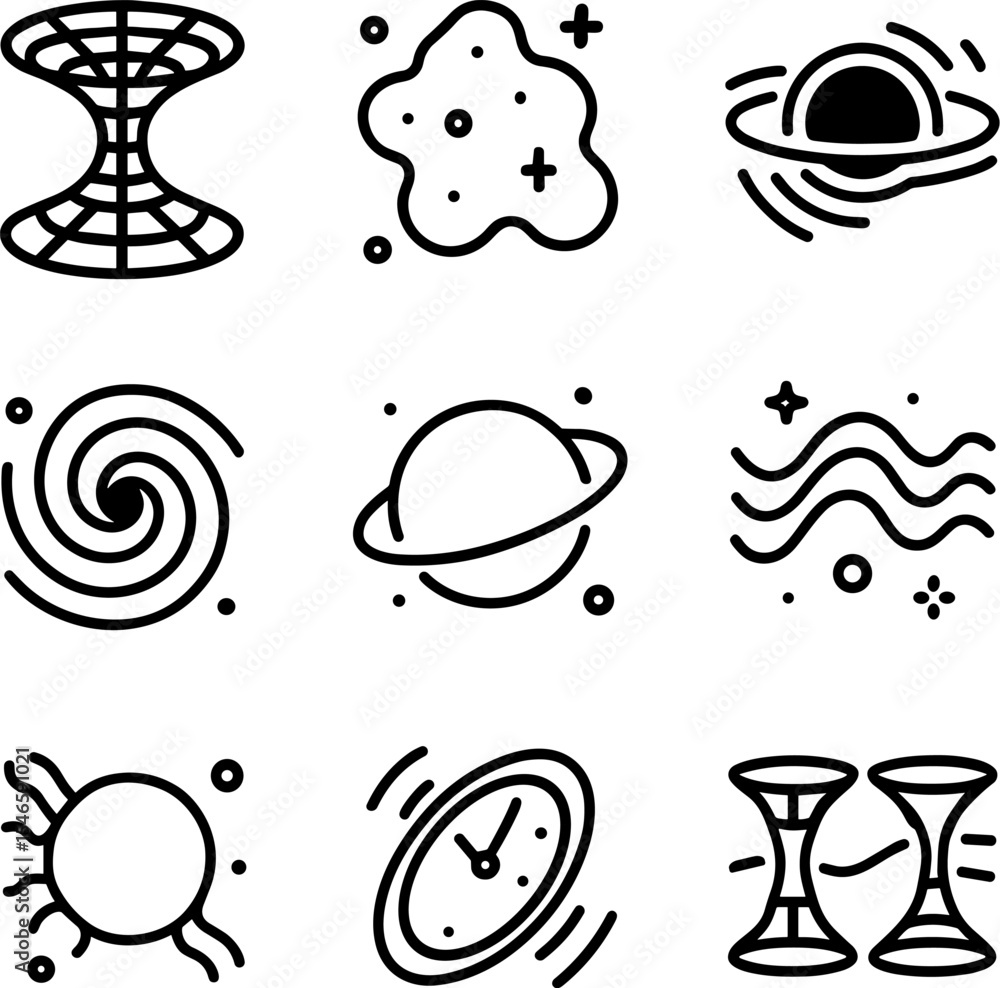 Fototapeta premium Space anomalies icon set. Space and astrophysics. Black holes, wormholes, gravity, galaxies, quantum, etc. Line icons set. Vector outline symbols