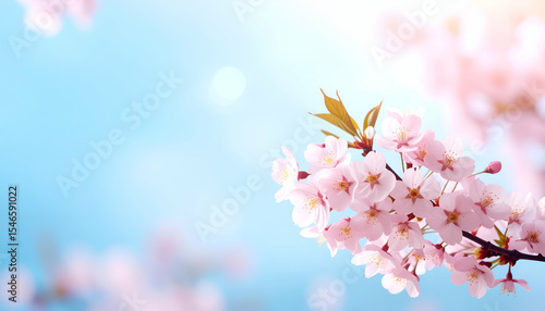 Beautiful Cherry Blossom Blooms Against a Soft Blue Sky Background