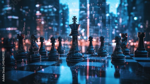 Wallpaper Mural Black chess pieces on a board against a city backdrop. Torontodigital.ca