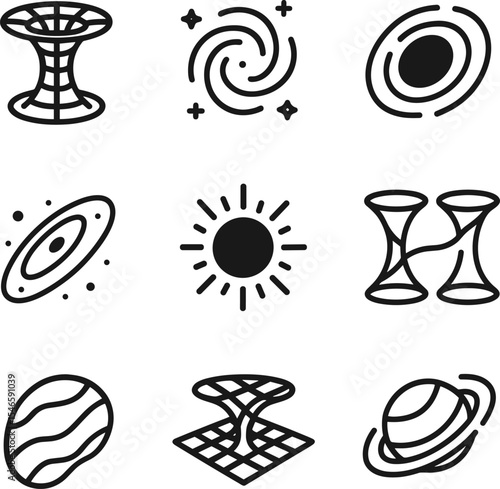 Space anomalies icon set. Space and astrophysics. Black holes, wormholes, gravity, galaxies, quantum, etc. Line icons set. Vector outline symbols