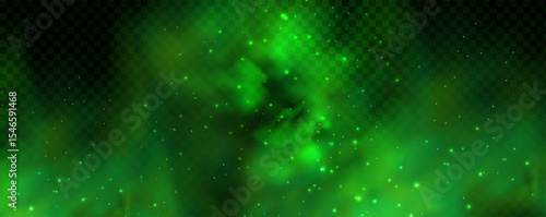 Realistic texture of mystical smoke in the background, with green fog swirling and sparkling with glowing particles, as starry neon magic dust shimmers throughout.