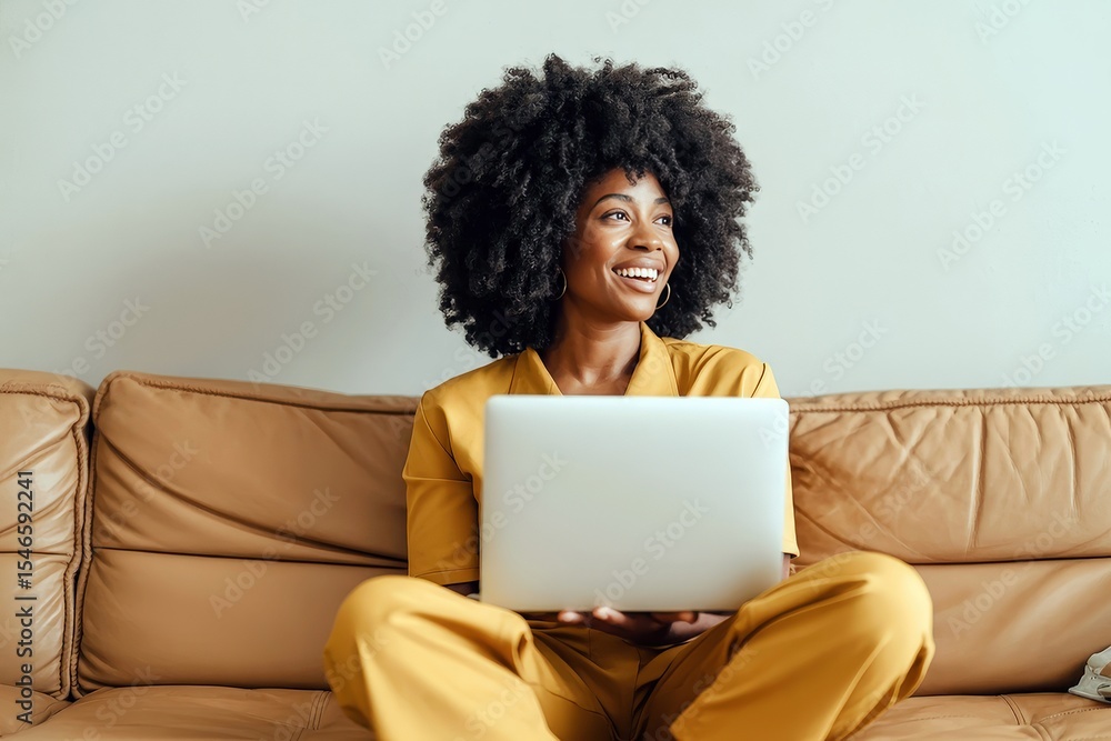 A smiling woman sits on a couch using her laptop A smiling woman sits on a couch using her laptop