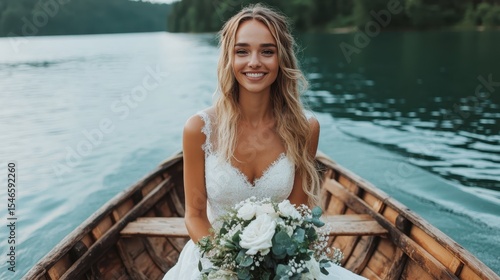 A joyful bride in a rustic boat, surrounded by serene waters and lush landscapes, radiating love and happiness, perfect for wedding and romance-themed projects.