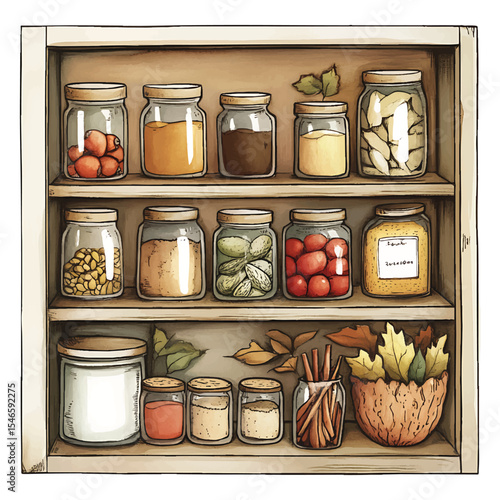 Watercolor pantry illustration shelves with jars spices and ingredients on transparent background png vector
