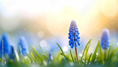 Bright Blue Flower in Morning Light with Green Grass Background