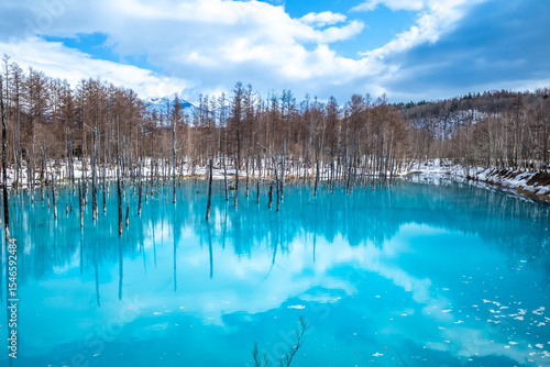 Blue pond, popular landmark in Biei town, Hokkaido, Japan, blue clear water with peaceful environment under cloudy blue sky in late winter season