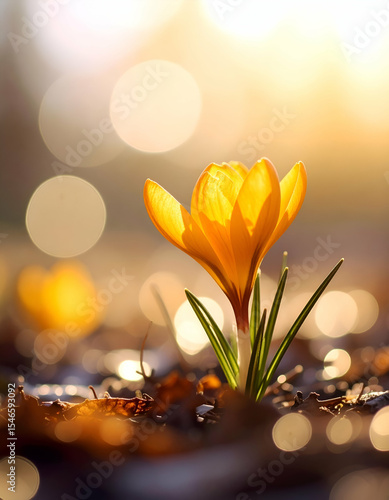 Bright Yellow Flower Blooming in Spring with Soft Sunlight Background