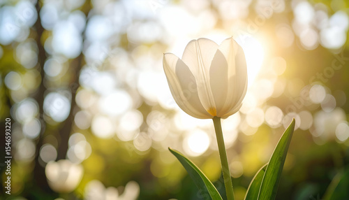 Elegant White Tulip with Soft Green Background and Golden Glow
