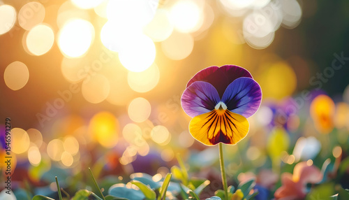 Vibrant Pansy Flower in Soft Golden Light with Blurred Background