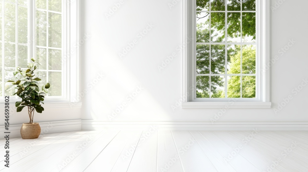 Fototapeta premium A bright, minimalist room showcases large windows allowing natural light to flood in, illuminating the space filled with greenery, creating a serene and peaceful atmosphere.