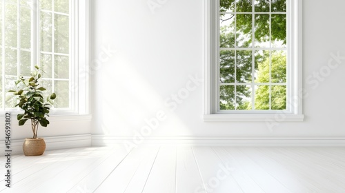 A bright, minimalist room showcases large windows allowing natural light to flood in, illuminating the space filled with greenery, creating a serene and peaceful atmosphere.