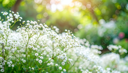 Bright Sunlight Shining Over Delicate White Flowers in Bloom