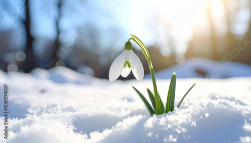 Snowdrop Flower Emerging from Snow Under Bright Winter Sunlight