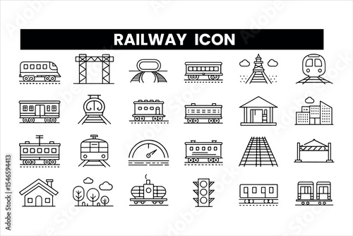 Set of  outline icons related railway collection. Editable stroke. Vector illustration