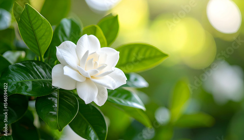 Blooming White Flower with Green Leaves and Soft Background