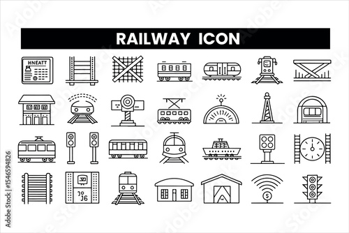 Set of  outline icons related railway collection. Editable stroke. Vector illustration
