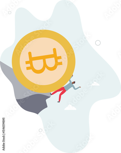 Pushing Bitcoin prevent from price falling down, cryptocurrency risk, fluctuation or volatility, crypto crisis or panic sales concept.character for design.