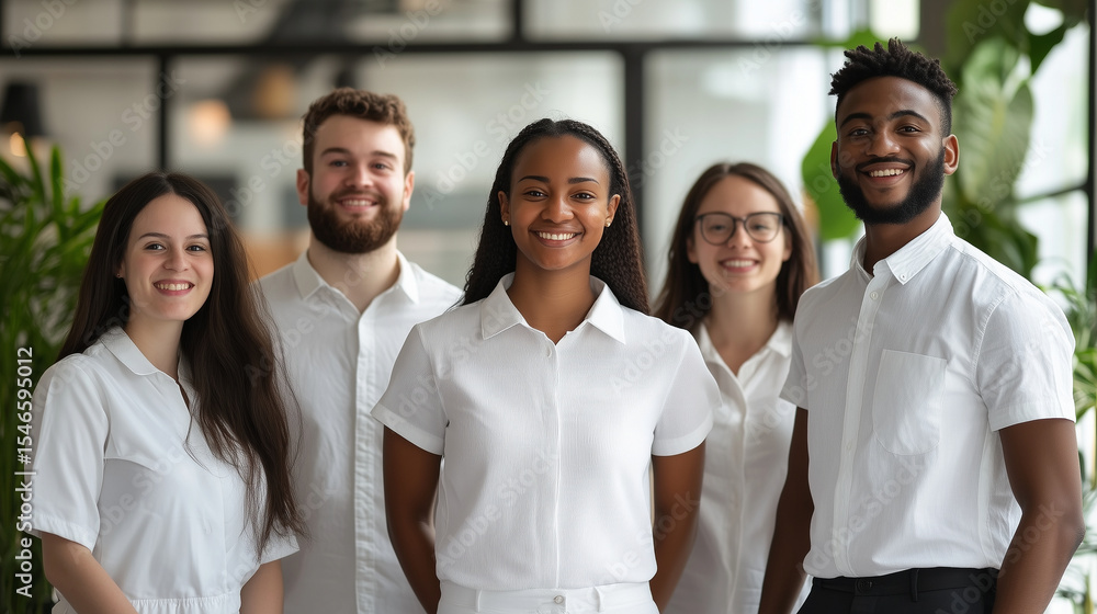 Successful team leader in white shirt smiling proudly at the camera, representing a productive and positive work environment. corporate culture, business success, positive energy, Successful team leader in white shirt smiling proudly at the camera, representing a productive and positive work environment. corporate culture, business success, positive energy,