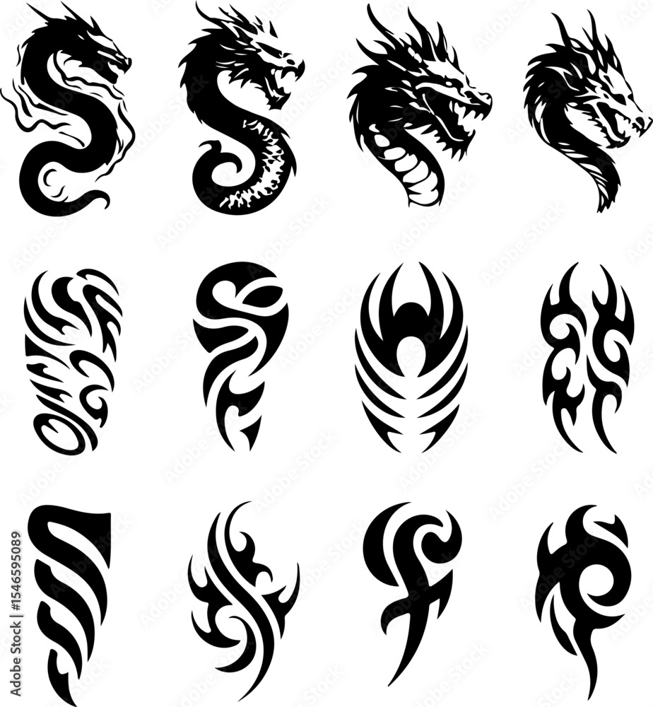 Obraz premium Dragon and Tribal Tattoo Designs vector bundle