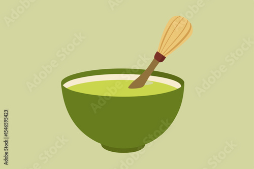 matcha latte in ceramic bowl with bamboo whis