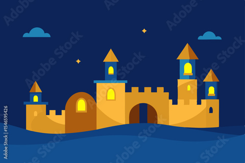 sandcastle village with tiny lanterns at night