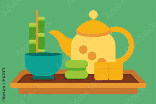 bamboo tray with tea pot cup and small biscuits