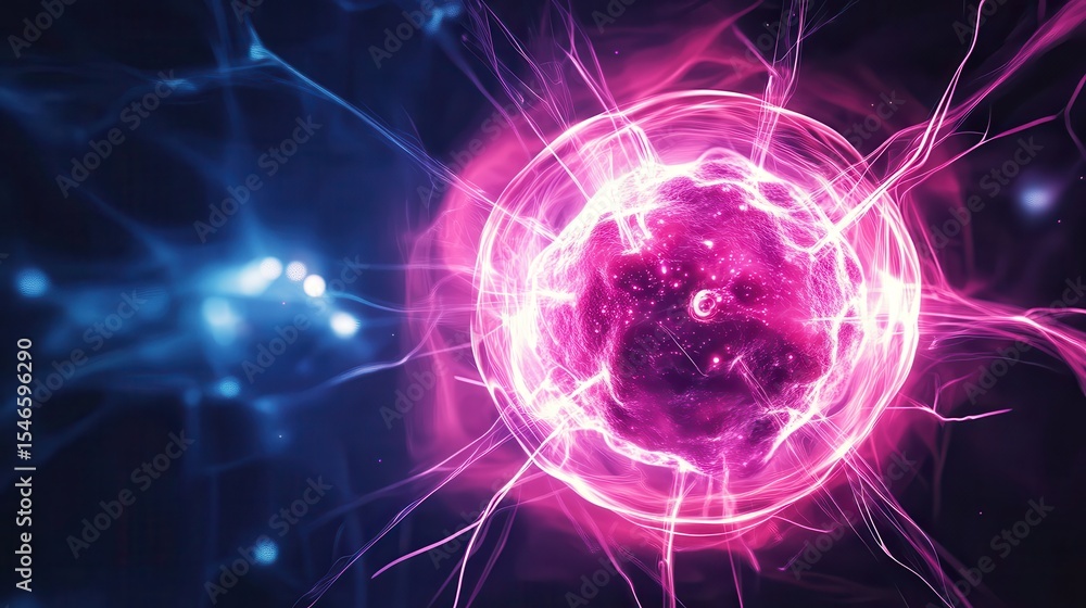 Obraz premium Nanotechnology. Abstract Physics Atom Proton Particle. Light Plasma Ball. Science Microscope Background. Virus Cell. Medical Science and Tech Inspired Abstract Background. Vector Illustration.