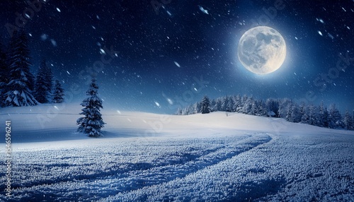 winter night scene with snowfall and moonlight