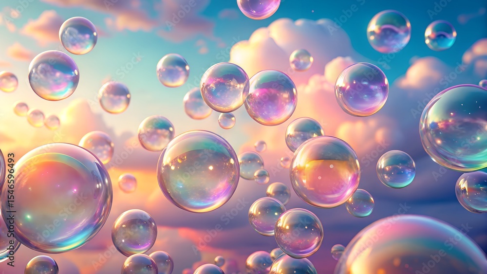 Many iridescent soap bubbles float in a pastel sunset sky Many iridescent soap bubbles float in a pastel sunset sky