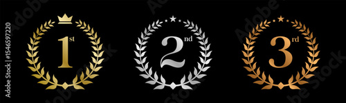 Award Winner Set Vector Illustration. Figures 1, 2, 3 In A Realistic Gold Silver Bronze with Laurel Wreath . Competition Game Concept. Isolated on black