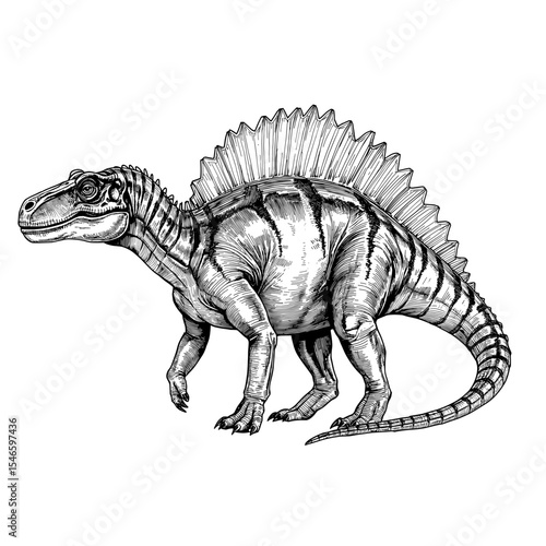 An intricately detailed ink illustration of the majestic Spinosaurus, a prehistoric giant, meticulously rendered in a monochrome style, capturing its powerful form and unique sail.