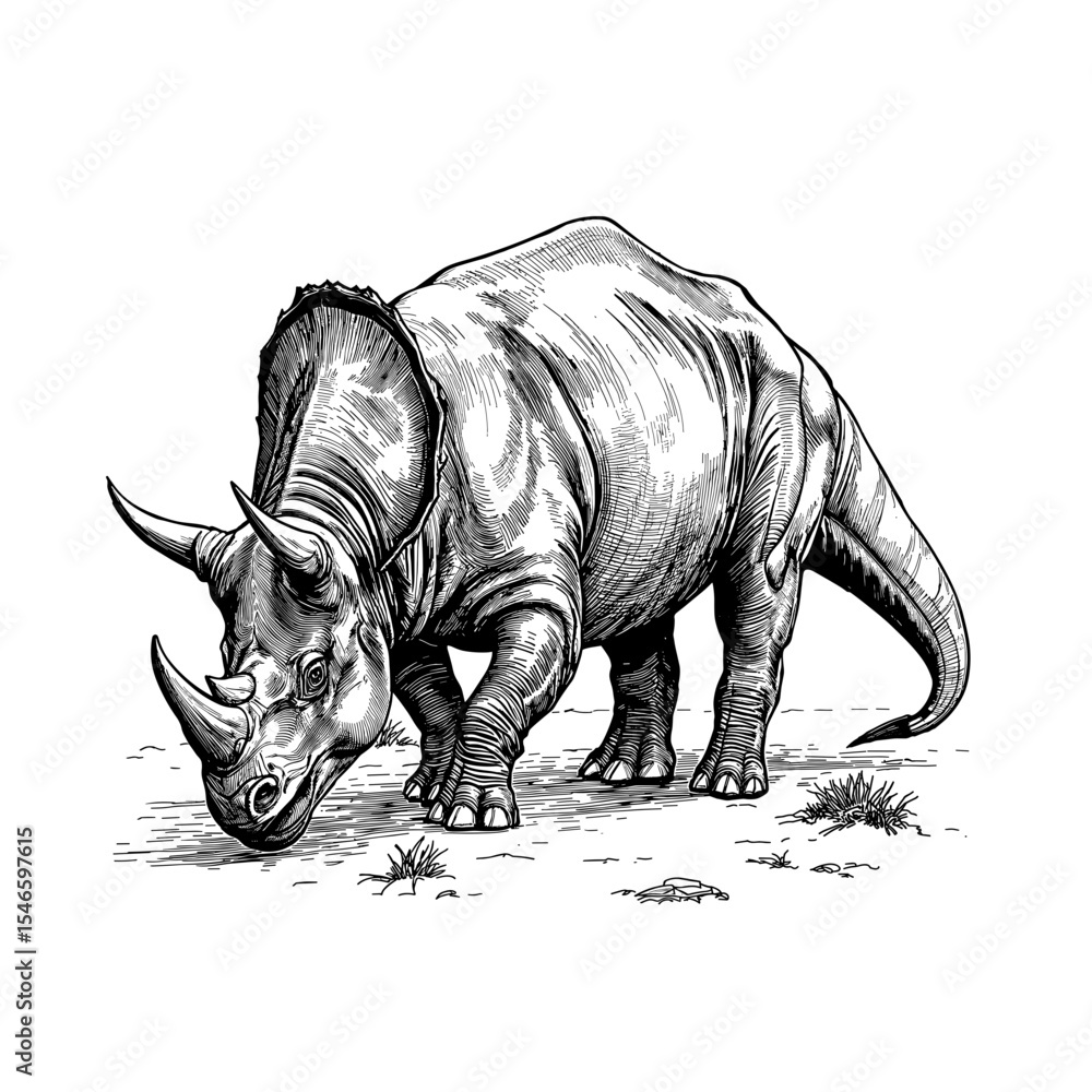 Fototapeta premium A majestic rhinoceros, captured in a detailed, pen-and-ink style illustration, standing in a natural environment. Emphasizing the rhino's powerful build, distinctive horns, and textured skin.