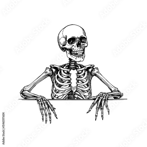 A detailed black and white illustration showcases a human skeleton holding the bottom of a blank space. The skeletal figure looks forward with a curious, inviting expression.