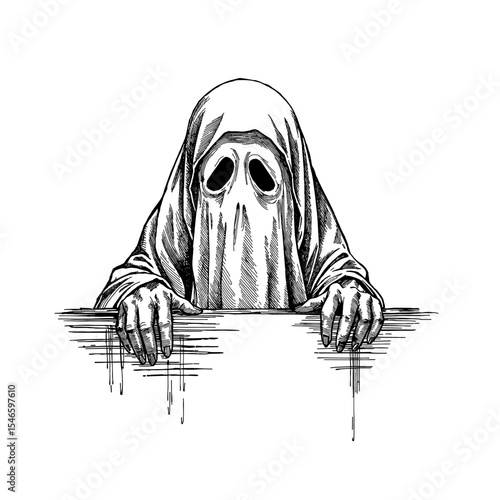 An eerie illustration of a spectral figure emerges from the shadows, a chilling vision perfect for the spooky season. The haunting form captivates with its spectral presence and ghostly aura.